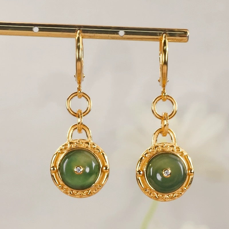 Natural Jade Peace Buckle Earrings For Women S925 Silver Long