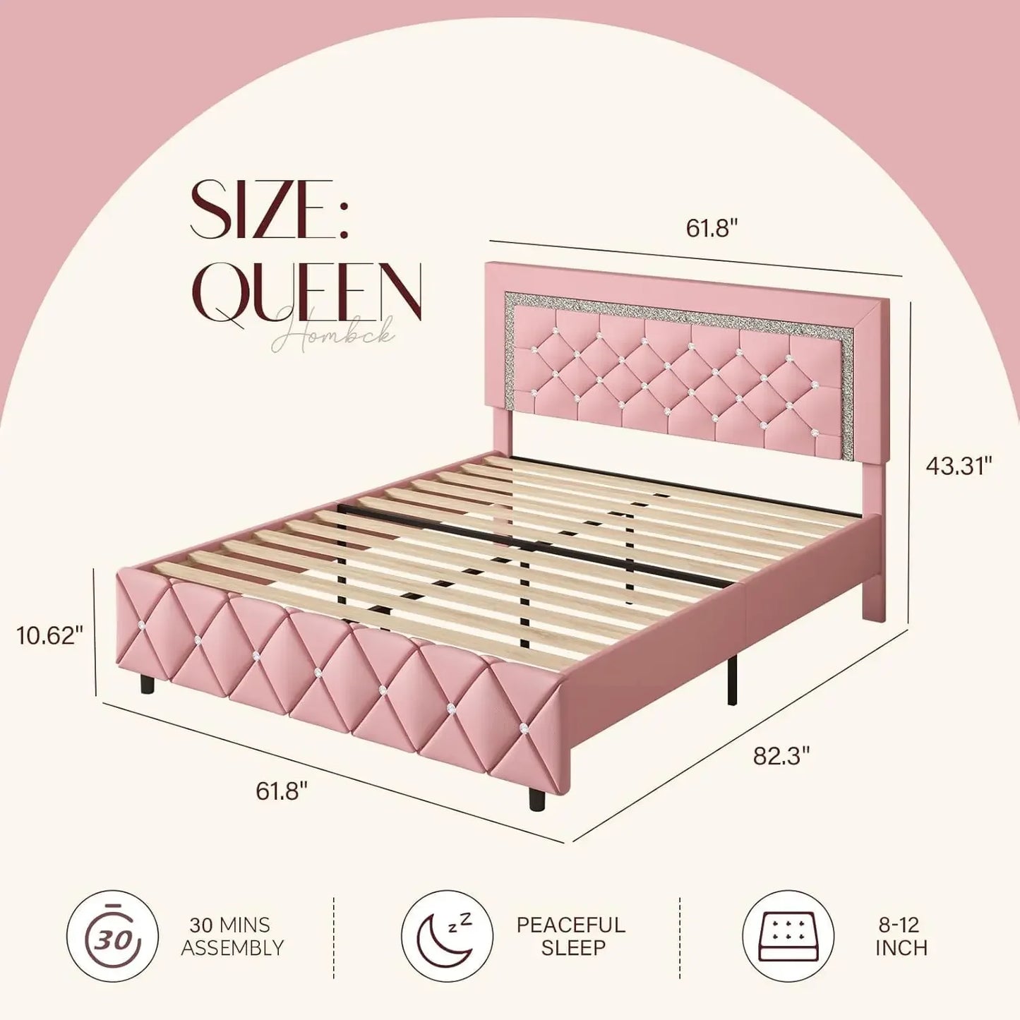 Queen Bed Frame, Upholstered Bed Frame Queen Size with Diamond Tufted Headboard, Faux Leather Headboard & , Wood