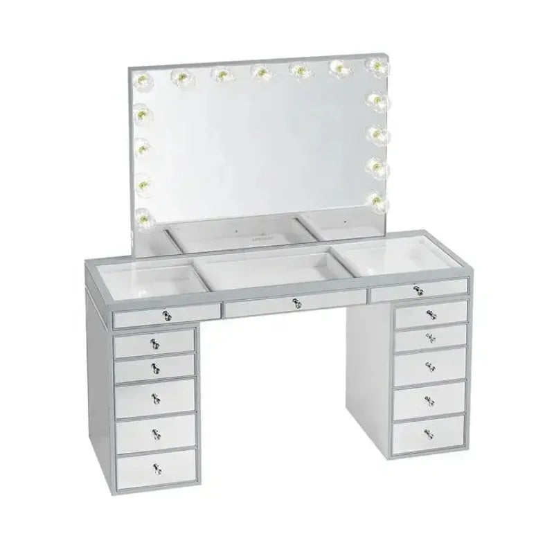 Home Decor Furniture Modern Silver Luxury Crushed Diamond Makeup Vanities For Bedroom Vanity Table With Led Light Makeup Mirror