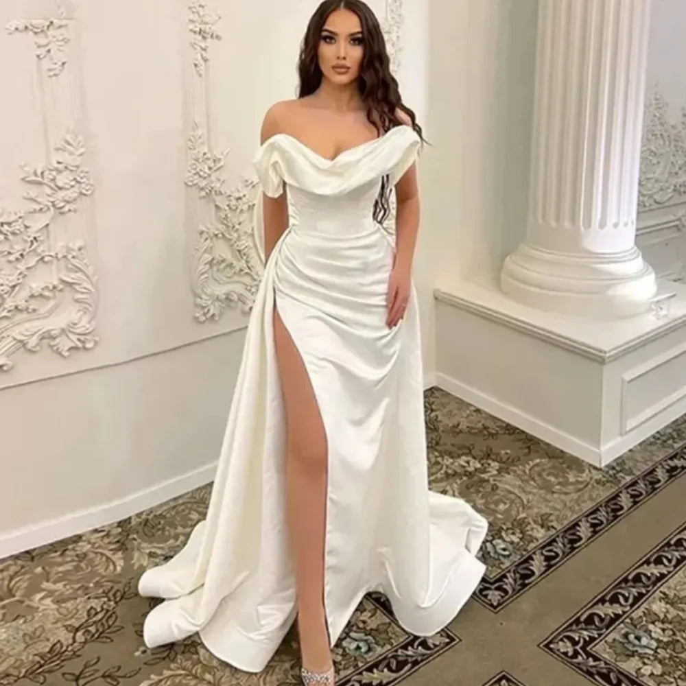 Elegant Satin Women Wedding Dresses Bride Ribbons Princess Backless Off Shoulder High Split Civil Bridal Gowns Vestidos De Novia