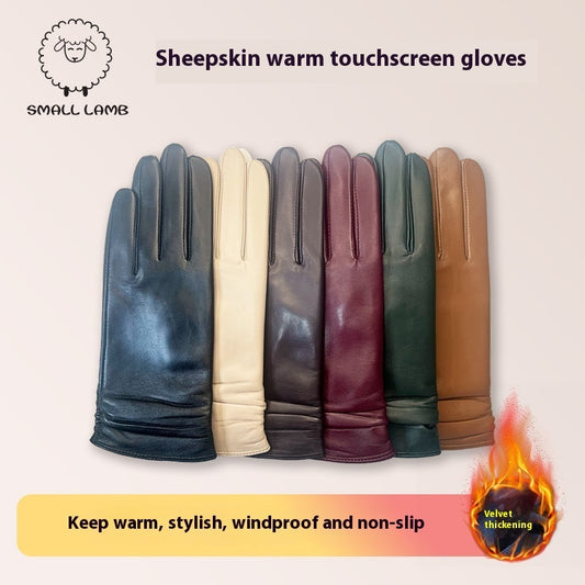 Ladies Color Touch Screen Sheepskin Leather Gloves Winter Outdoors Warm With Velvet