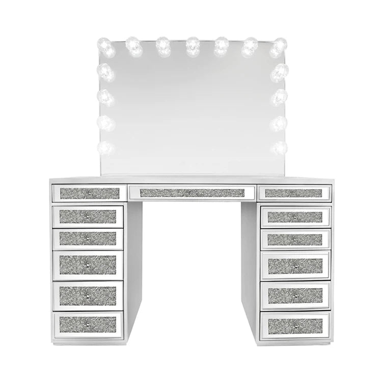 Home Decor Furniture Modern Silver Luxury Crushed Diamond Makeup Vanities For Bedroom Vanity Table With Led Light Makeup Mirror