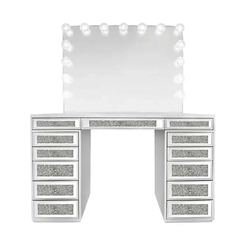 Home Decor Furniture Modern Silver Luxury Crushed Diamond Makeup Vanities For Bedroom Vanity Table With Led Light Makeup Mirror