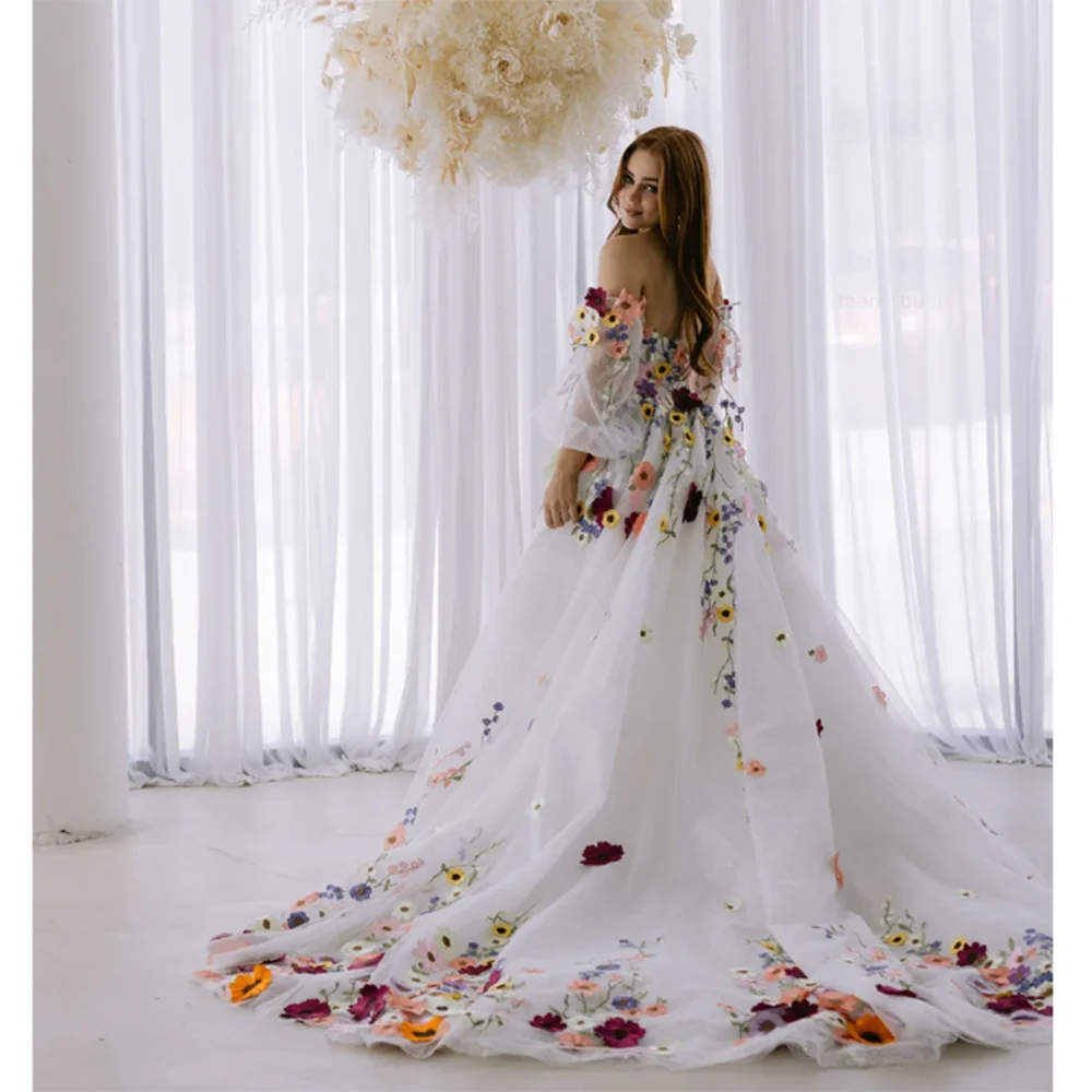 Sweet Formal Wedding Party Dress Floral White Tulle Floor Length Exquisite Sweetheart Pretty Romantic Flowers Vestidos De Novia