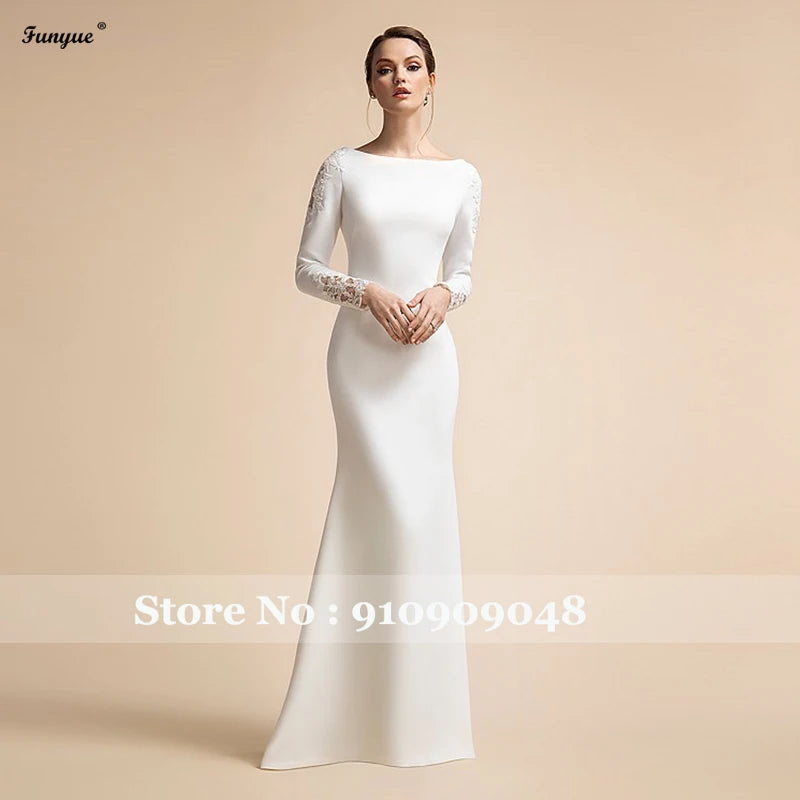 Elegant Simple Mermaid Wedding Dresses Long Sleeves Ivory Muslim Bridal Gowns for Bride Satin Lace Vestidos De Novia 2024