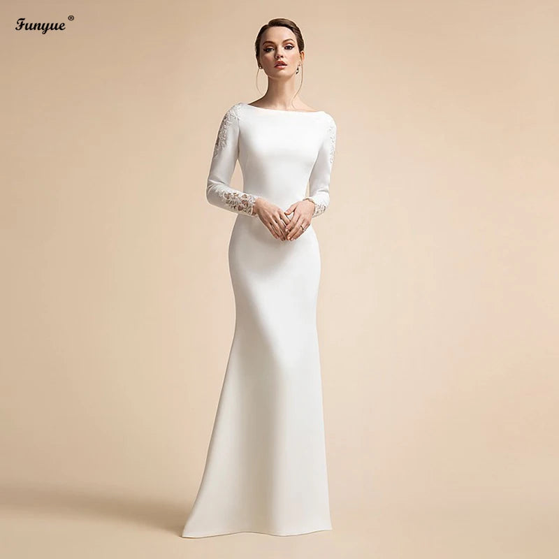 Elegant Simple Mermaid Wedding Dresses Long Sleeves Ivory Muslim Bridal Gowns for Bride Satin Lace Vestidos De Novia 2024