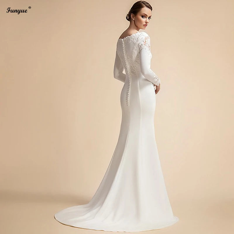 Elegant Simple Mermaid Wedding Dresses Long Sleeves Ivory Muslim Bridal Gowns for Bride Satin Lace Vestidos De Novia 2024