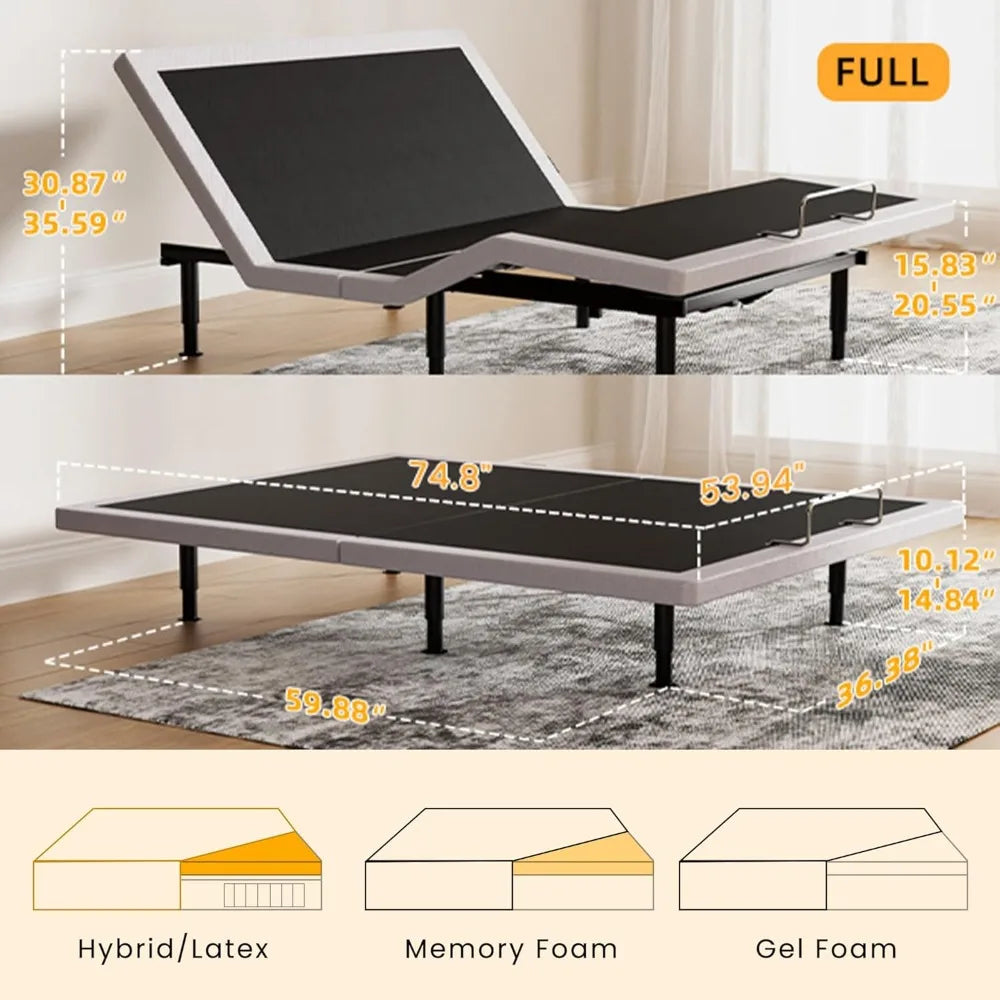 Electric Full Size Adjustable Bed Frame with Wireless Remote, USB, Head & Foot Incline, Underbed Lighting, Heavy Duty Platform