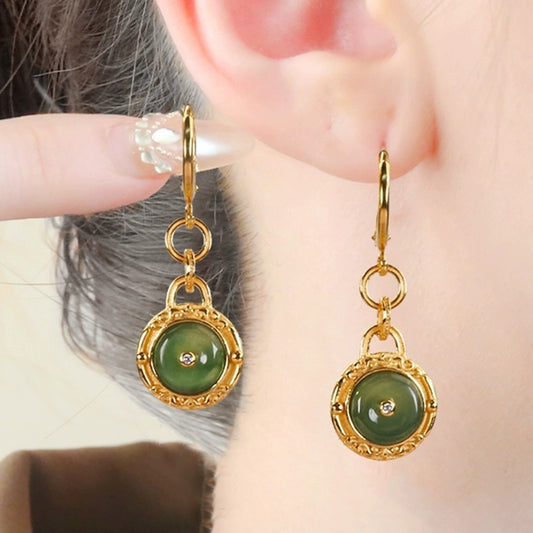 Natural Jade Peace Buckle Earrings For Women S925 Silver Long