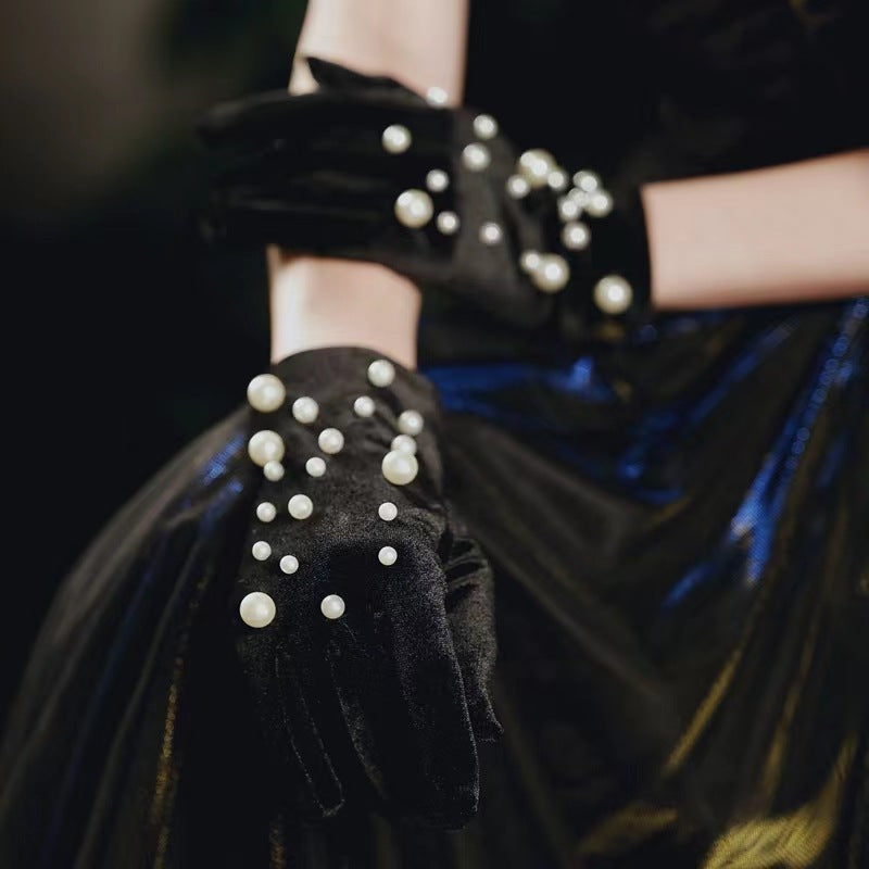 Black Satin Fabric Gloves Long Bag Finger Evening Dress Banquet Photography Jewelry Hepburn Style