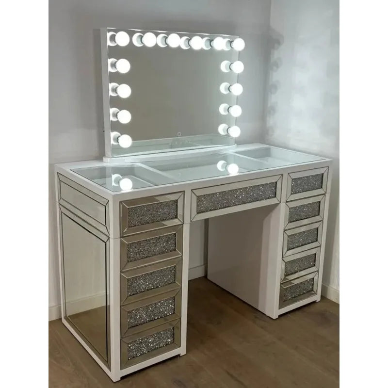 Home Decor Furniture Modern Silver Luxury Crushed Diamond Makeup Vanities For Bedroom Vanity Table With Led Light Makeup Mirror