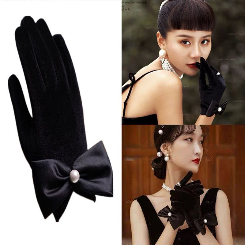 Black Satin Fabric Gloves Long Bag Finger Evening Dress Banquet Photography Jewelry Hepburn Style