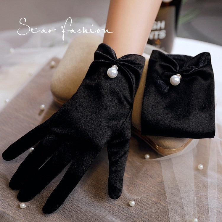 Black Satin Fabric Gloves Long Bag Finger Evening Dress Banquet Photography Jewelry Hepburn Style