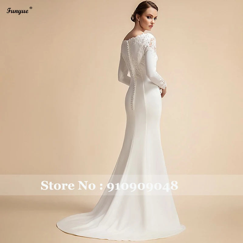 Elegant Simple Mermaid Wedding Dresses Long Sleeves Ivory Muslim Bridal Gowns for Bride Satin Lace Vestidos De Novia 2024